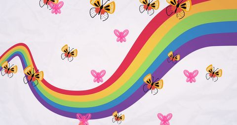Butterflies dancing over colorful rainbow on white background