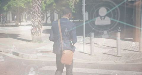 Connected Businessman in Urban Setting with Digital Overlay