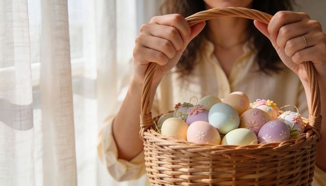 Woman holding wicker basket filled with pastel easter eggs by sunlit window
