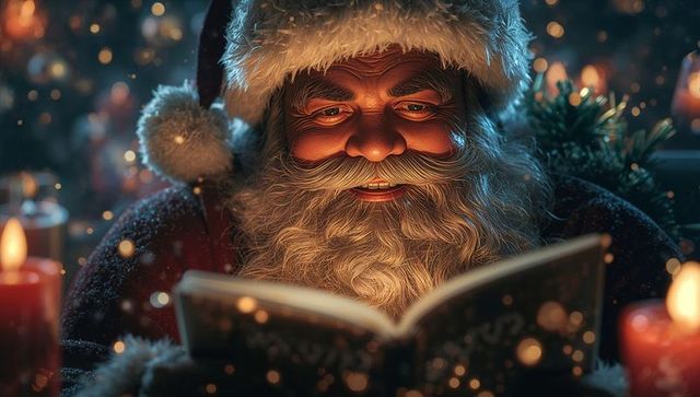 Santa Claus Reading a Book by Candlelight with Christmas Decor