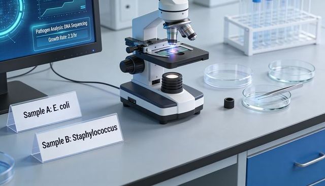 Microscope analyzing E. Coli and Staphylococcus samples with DNA sequencing monitor