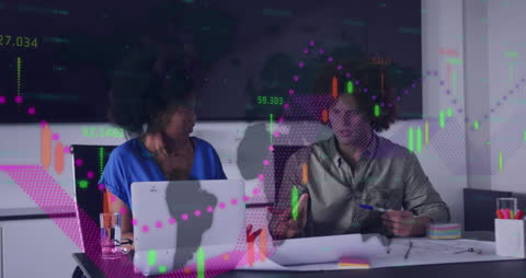 Diverse Colleagues Analyzing Financial Data with Interface Overlay