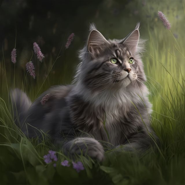 Close up of grey maine coon cat sitting in grass created using generative ai technology. Animals and nature concept digitally generated image.