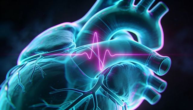 Translucent Neon Heart Beating with Magenta ECG Waveform, Futuristic Cardiac Technology
