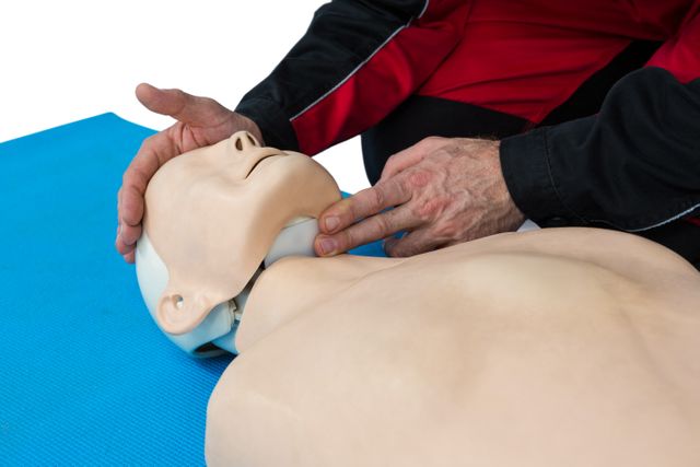 Paramedic practicing resuscitation on dummy against white background