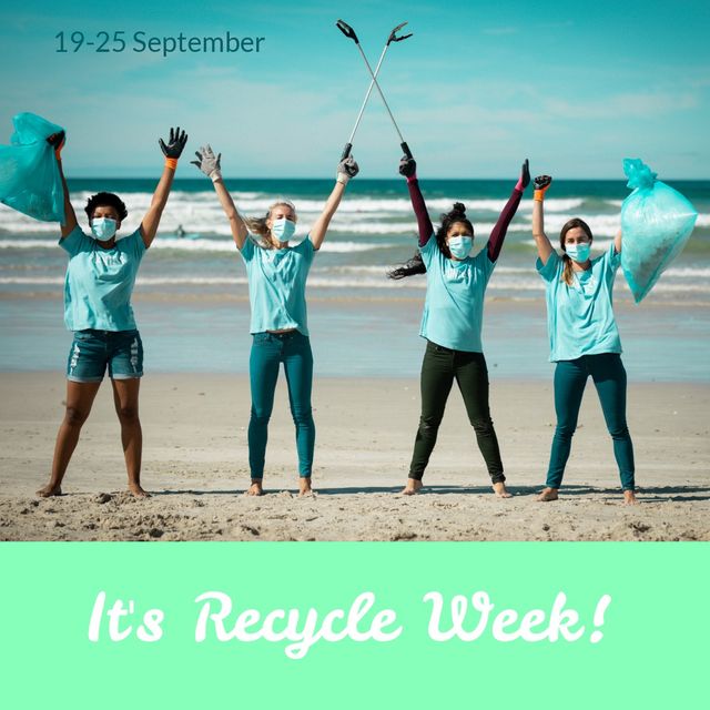 Digital composite image of multiracial volunteers with arms raised, it's recycle week text at beach. Celebration, promote benefits of recycling, raise awareness, environment conservation.