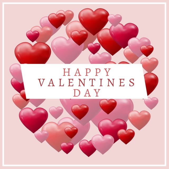 Ideal for Valentine's Day greeting cards, social media posts, and festive decorations. This design features various red and pink heart shapes surrounding the text 'Happy Valentine's Day' against a light pink background. Perfect for sharing love and affection on this special holiday.