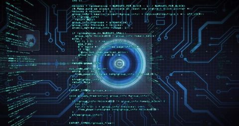 Futuristic Blue Interface with Holographic Elements and Code Display