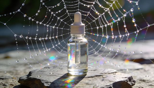 Glass dropper bottle on dewy spiderweb reflecting prism rainbows and iridescent light