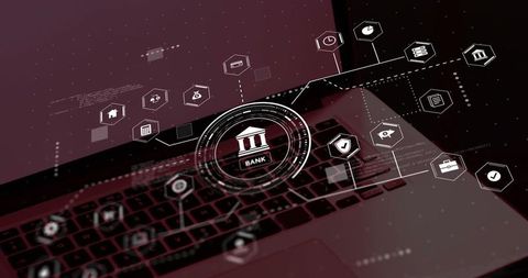 Secure digital banking interface hovering over laptop keyboard with fintech dashboard hud