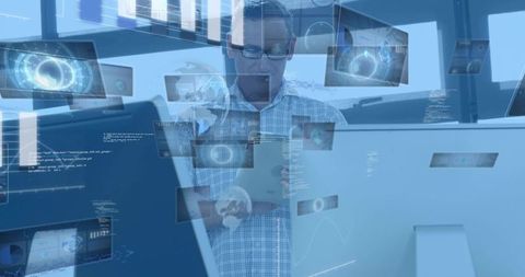 Technology Analyst Studying Tablet Data with Augmented Reality Dashboards and Holographic UI