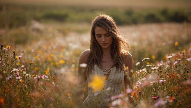 Young woman standing in wildflower meadow basking in golden-hour light and quiet reflection