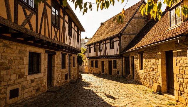 Sunlight Casting Warm Shadows on Cobblestone Lane with Half-Timbered European Houses
