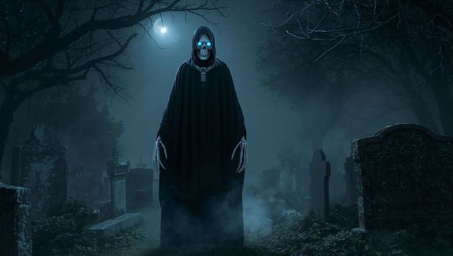 Eerie skeletal reaper in misty cemetery at night