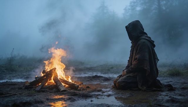 Hooded figure kneeling by campfire in foggy forest clearing, misty night solitude