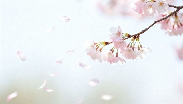 Swaying pink cherry blossoms with drifting petals on soft highkey spring background