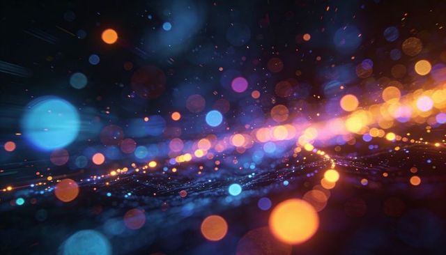 Neon bokeh light trail over reflective surface with spark particles and iridescent glow