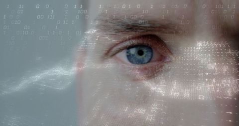 Close-up of Eye Overlaid with Binary Code and Digital Patterns