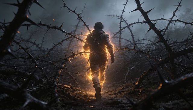 Solitary figure walking through thorned forest path surrounded by fiery aura at dusk