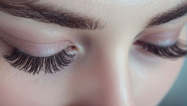 Closeup lash extensions with shimmery eyeshadow on smooth skin macro beauty detail