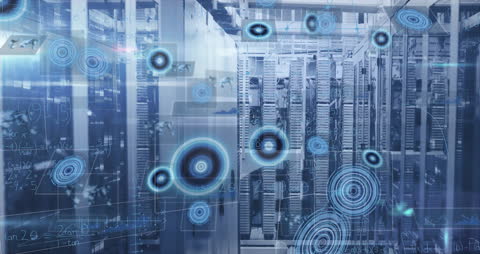 Data Processing Graphics Overlay on Modern Server Room