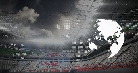 Stadium crowd mosaic with global map overlay in futuristic arena