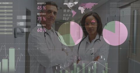 Confident Doctors Behind Futuristic Medical Infographic