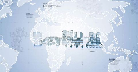 World Map with Industrial Schematics and Futuristic Data