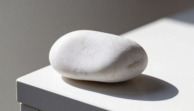 Minimalist smooth white pebble resting on white pedestal casting soft oval shadow