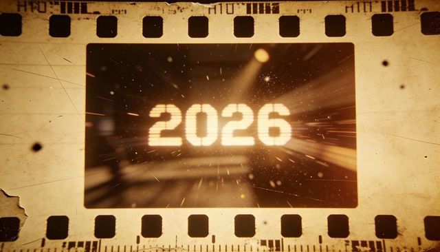 Glowing 2026 digits radiating retro sepia film frame with sprocket holes, grain, led