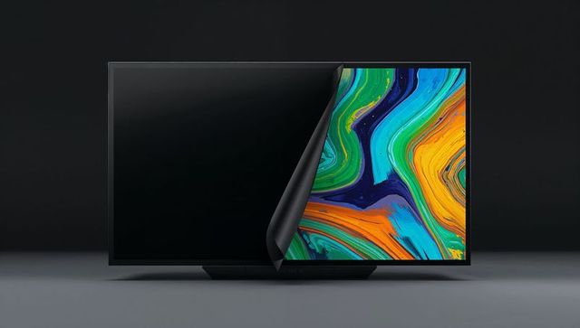 Flat-panel monitor peeling corner revealing vibrant abstract display for tech mockup