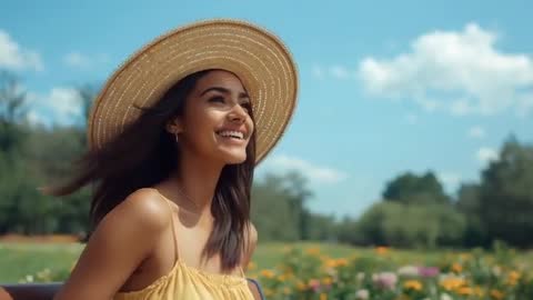 Smiling Woman Enjoying Nature in Sunhat in Sunny Meadow