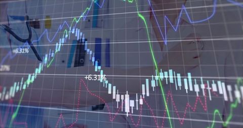 Dynamic charts and spreadsheet overlay on desk for financial analysis