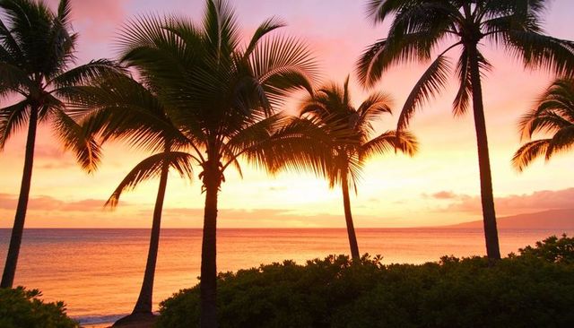 Tropical palm silhouettes framing vibrant pink, orange, golden sunset over ocean horizon