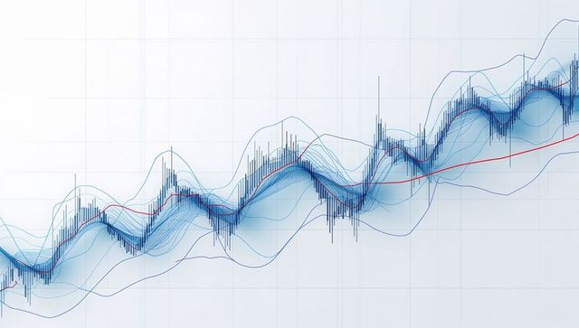 Financial analytics chart with blue candlesticks, volatility bands and red trend line