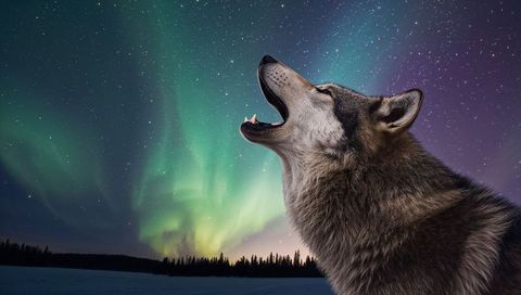 Howling Gray Wolf Beneath Northern Lights