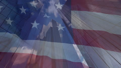 Double Exposure of US Flag and Modern Skyscrapers Reflecting Patriotism