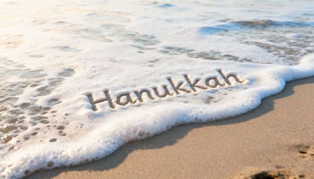 Hanukkah written in sand with seafoam washing over shoreline at sunrise