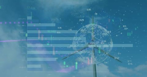 Futuristic Energy Data Visualization with Wind Turbine and Digital Graphic Overlay