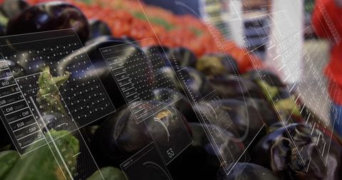Scene showcases a digital interface overlay with histograms and processing data, depicting shopper experience choosing vegetables in grocery store. Ideal for illustrating topics such as modern digital integration in everyday activities, healthy eating habits, and the use of technology in retail environments. Useful for articles and advertisements focusing on nutrition, innovative grocery shopping experiences, and future of food purchasing.