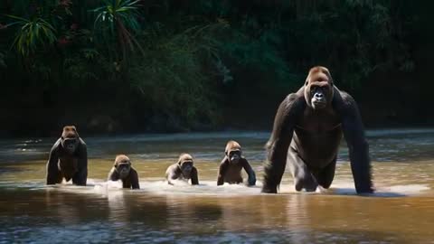 Gorilla family wading across tropical river led by silverback creating muddy splashes