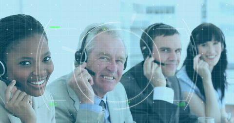 Diverse customer support team engaging with clients via headsets