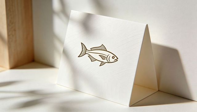 Minimal fish line-art greeting card on neutral tabletop with soft natural light