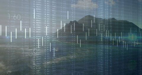 Candlestick chart overlaying peaceful coastal mountain landscape