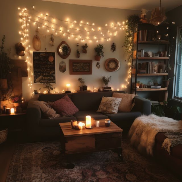 Cozy living room features warm ambient lighting created by fairy lights and numerous candles. A comfortable sofa is adorned with throw pillows and blankets, providing a welcoming atmosphere. Walls are decorated with diverse artwork and hangings, enhancing the bohemian aesthetic. Shelves filled with books and plants contribute to the rustic and eclectic vibe. This design is perfect for lifestyle and interior design articles, home improvement blogs, and relaxation-themed promotional materials.