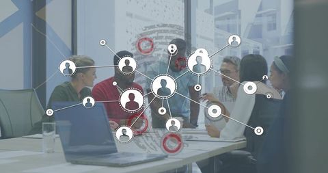 Multicultural Team Collaborating in Modern Boardroom with Digital Network Overlay