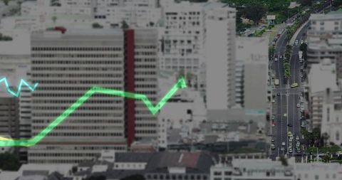 Neon green financial growth graph rising over downtown rooftops and busy avenue skyline