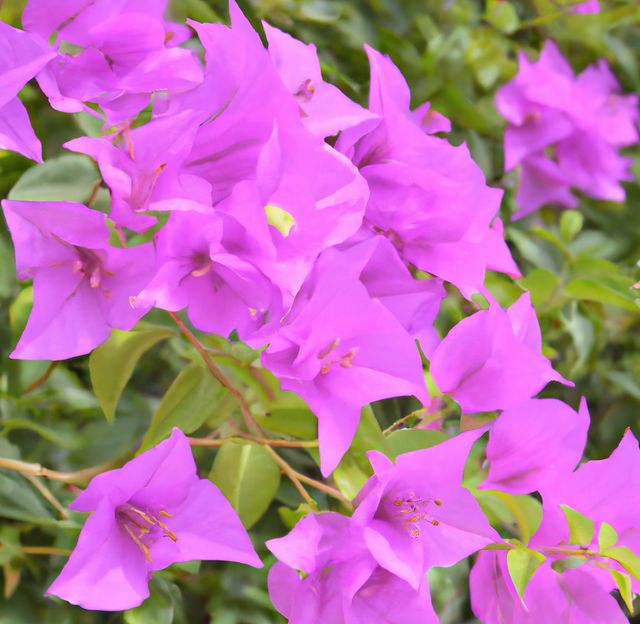 Close up of beautiful pink bougainvillea flowers with green leaves. Nature, harmony and flower concept.