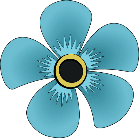 Gradient blue flower with black and gold center on transparent background