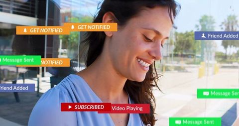 Woman Interacting with Digital Notifications Outdoors